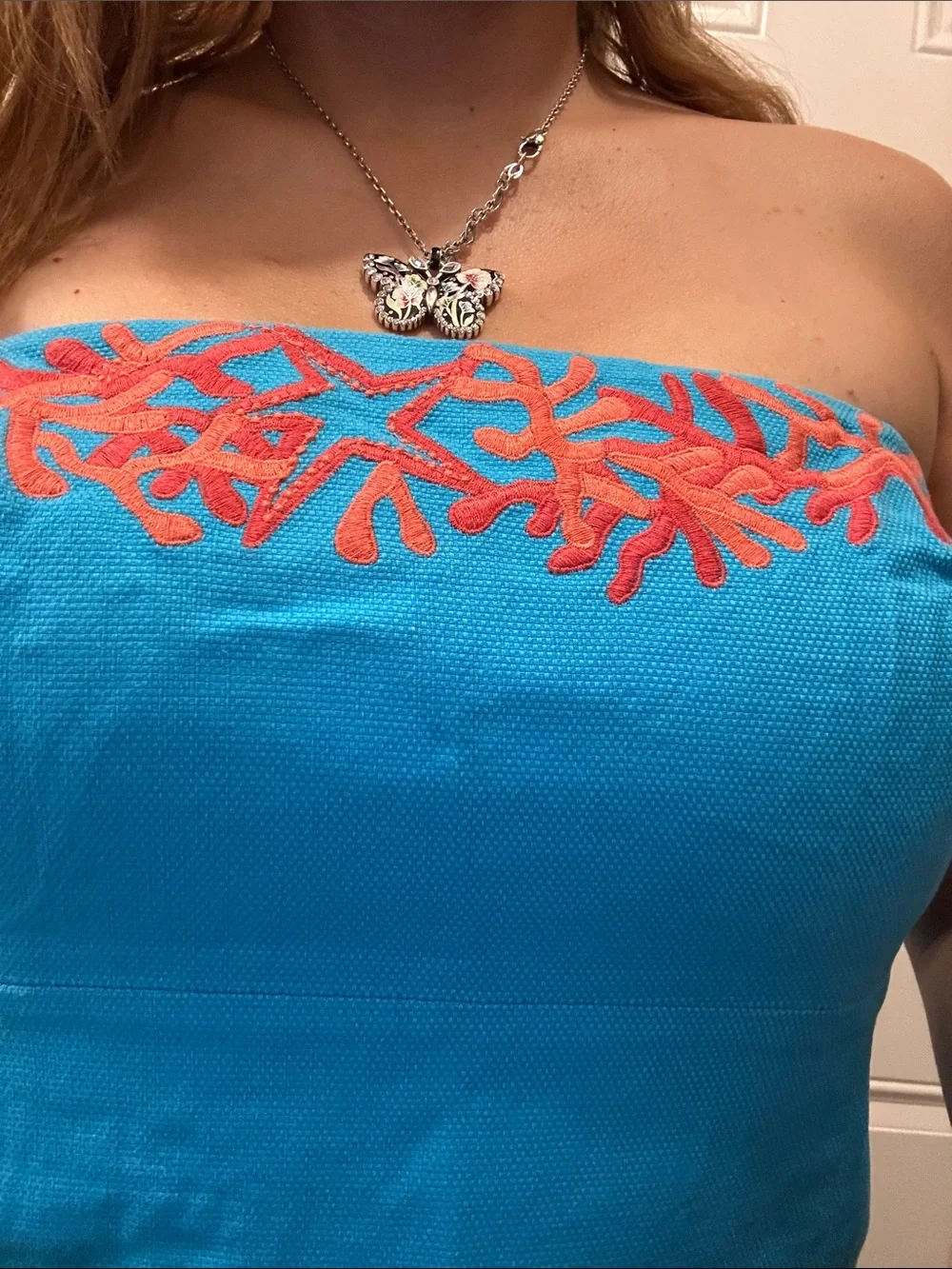 Lilly Pulitzer Strapless Turquoise Dress with Coral Embroidery - Picture 2 of 3